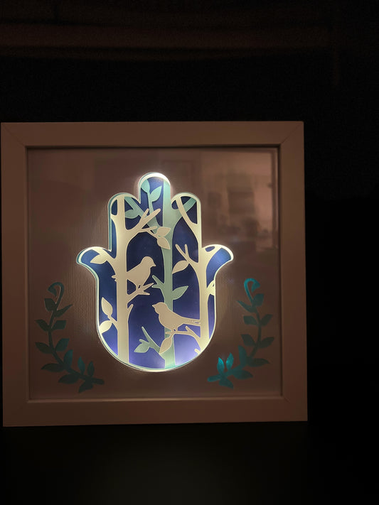 Hamsa Shadow Box with Doves- Lighted